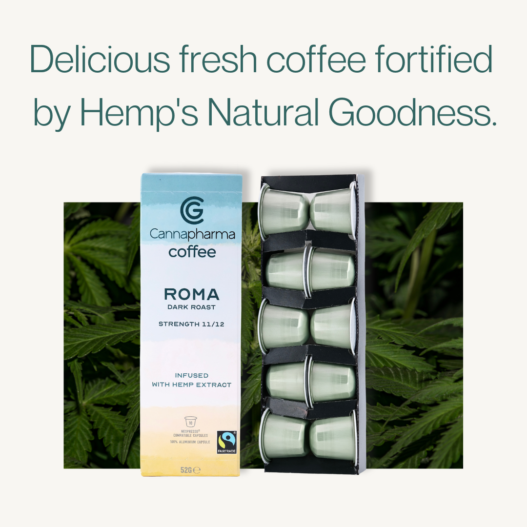 Cannapharma Coffee infused with cold-pressed hemp, coffee capsules, nespresso compatible, hemp coffee, hemp oil, hemp seeds, nespresso compatible coffee capsules